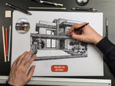 Charming pencil art of your first home, with a small family drawn in front.