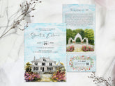 Custom watercolor wedding invitation suite with venue illustration, history card, and QR code RSVP card