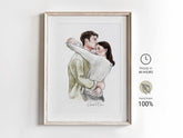A detailed custom portrait of a couple with their pet, hand-drawn in a warm, lifelike style. Shows love and family bonds.