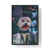 Framed picture of a dog dressed as a doctor with 'Dr. Tommy' text.