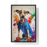 Framed gym dog in a blue hoodie.