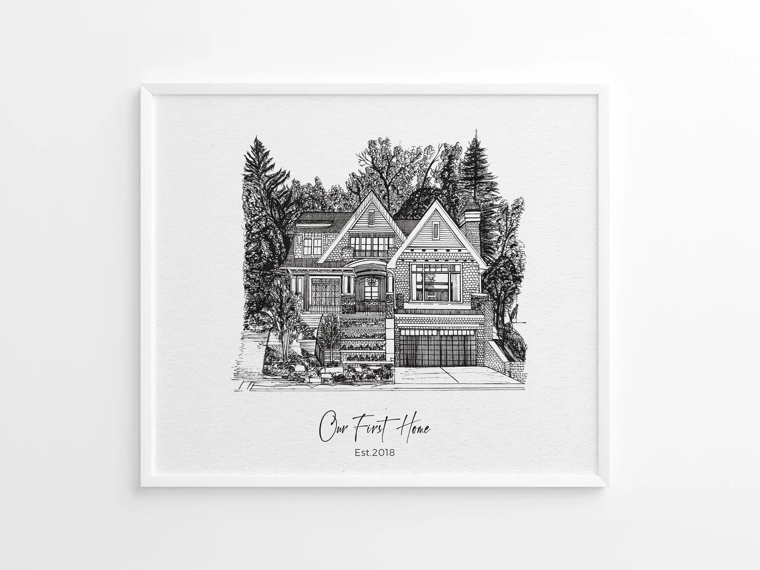 Hand-drawn pencil sketch of a custom home—perfect for framing or gifts.