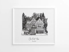 Hand-drawn pencil sketch of a custom home—perfect for framing or gifts.