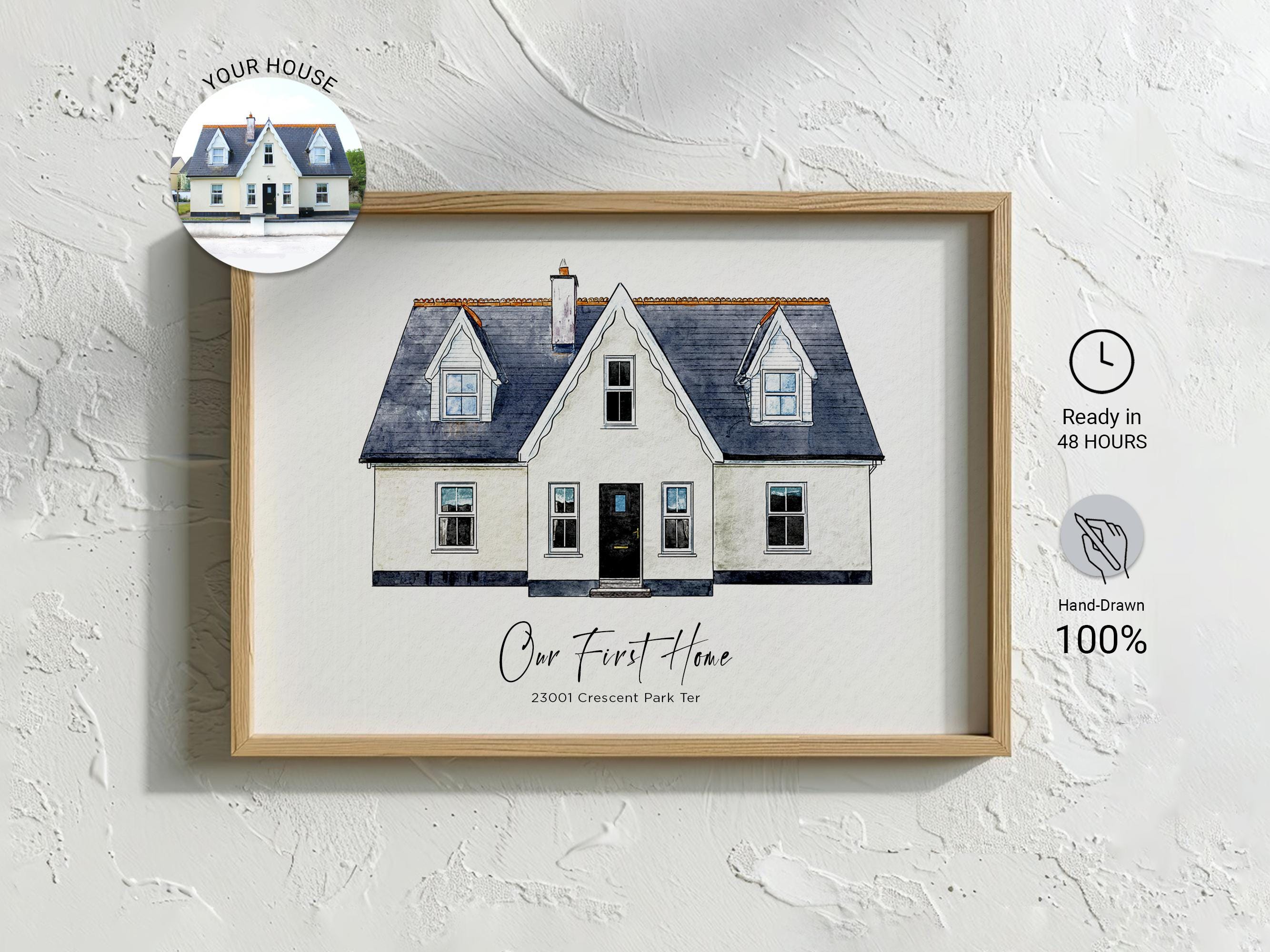 Custom watercolor painting of your home with soft, dreamy colors—perfect for housewarming gifts.