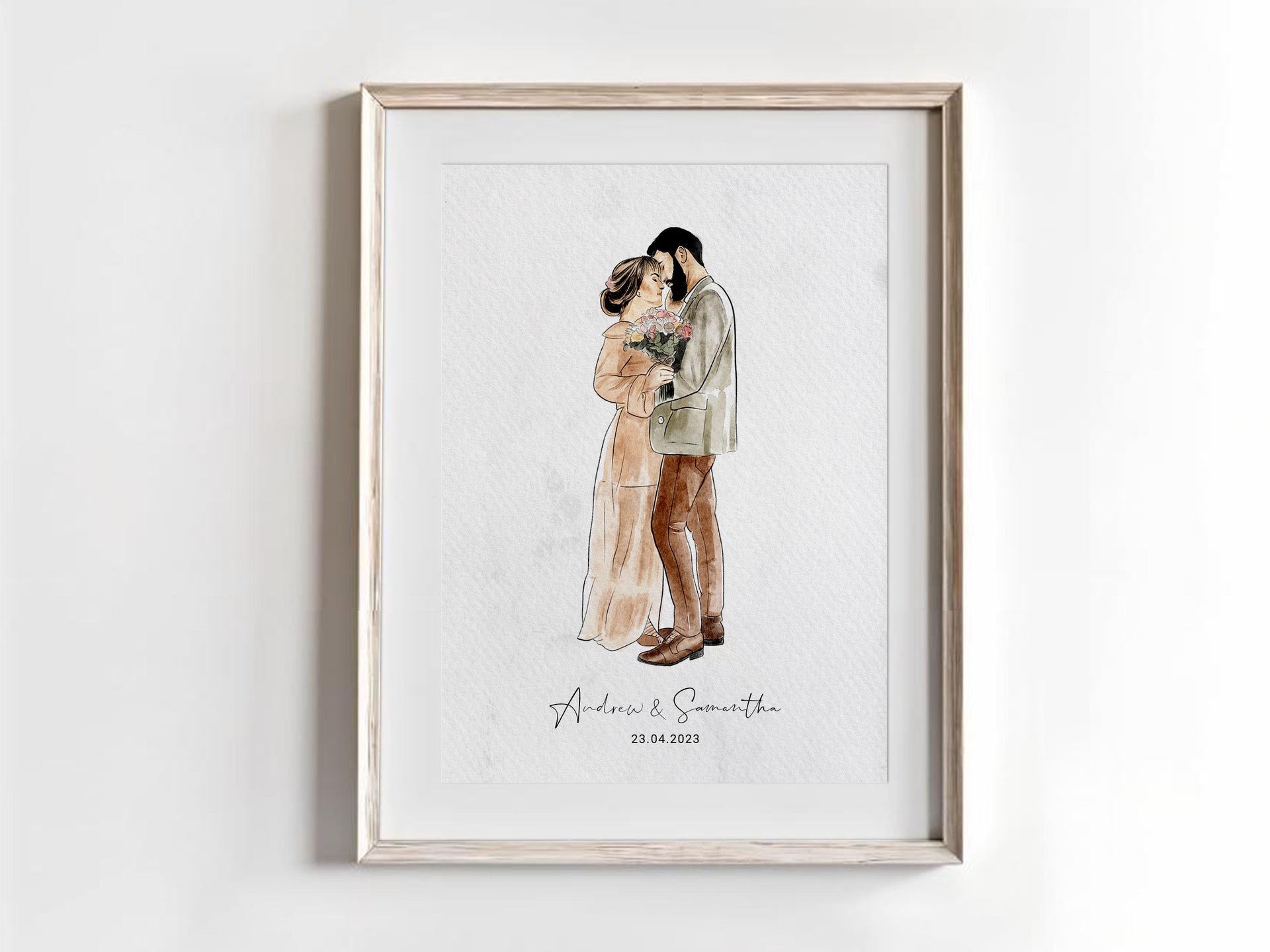 Custom hand-drawn couple portrait in detailed artistic style.