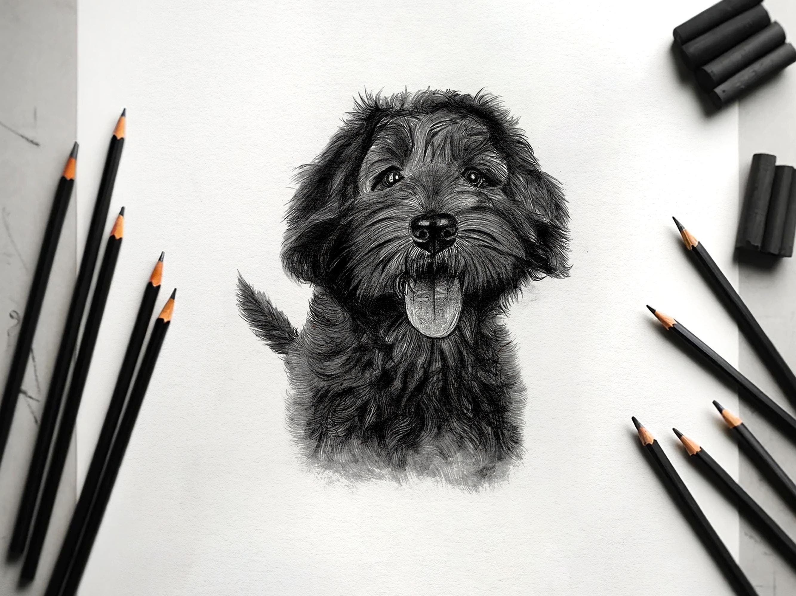 Playful sketch-style memorial of you and your pet mid-laugh, with loose, joyful shading.

