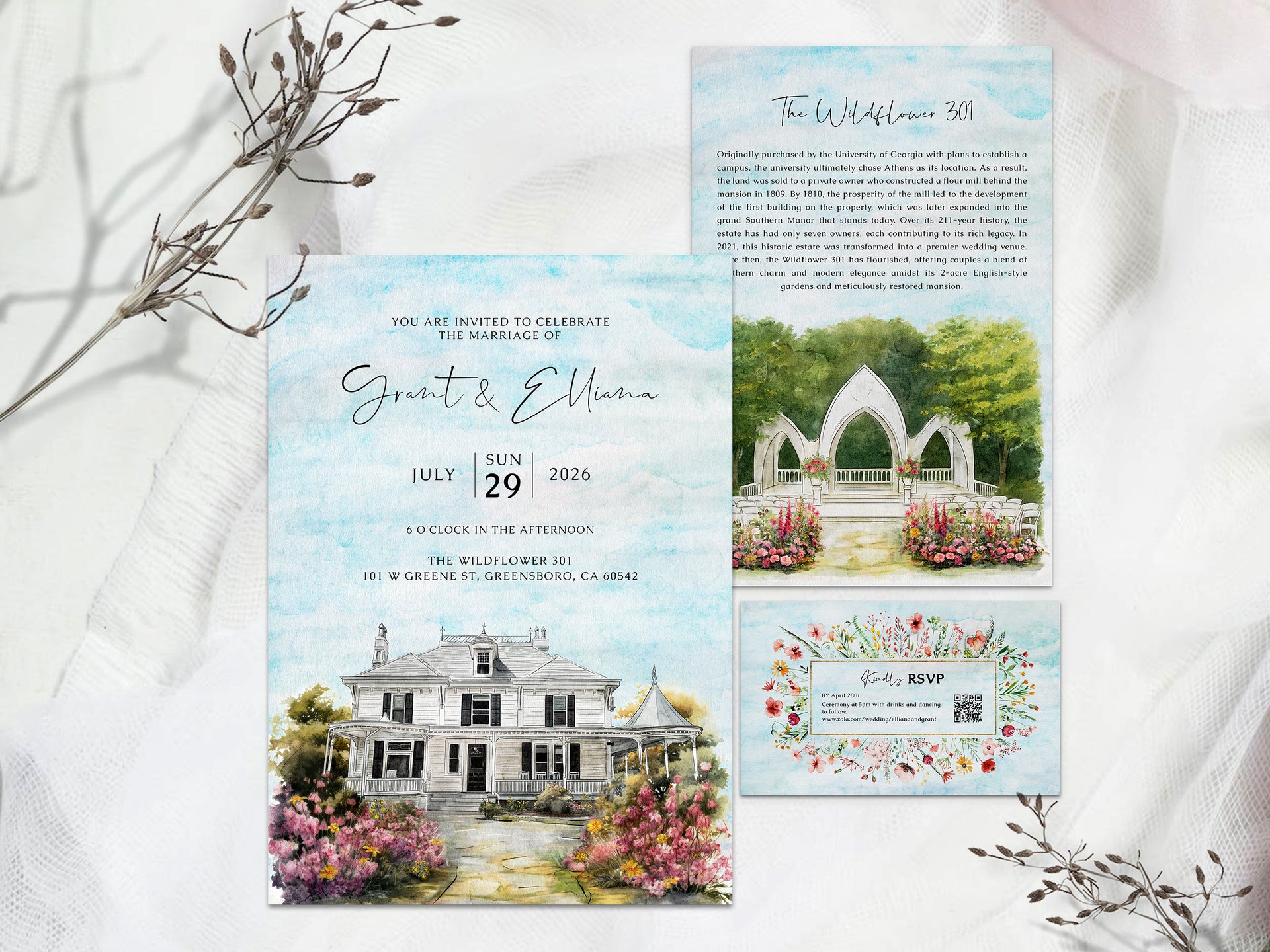Custom watercolor wedding invitation suite with venue illustration, history card, and QR code RSVP card