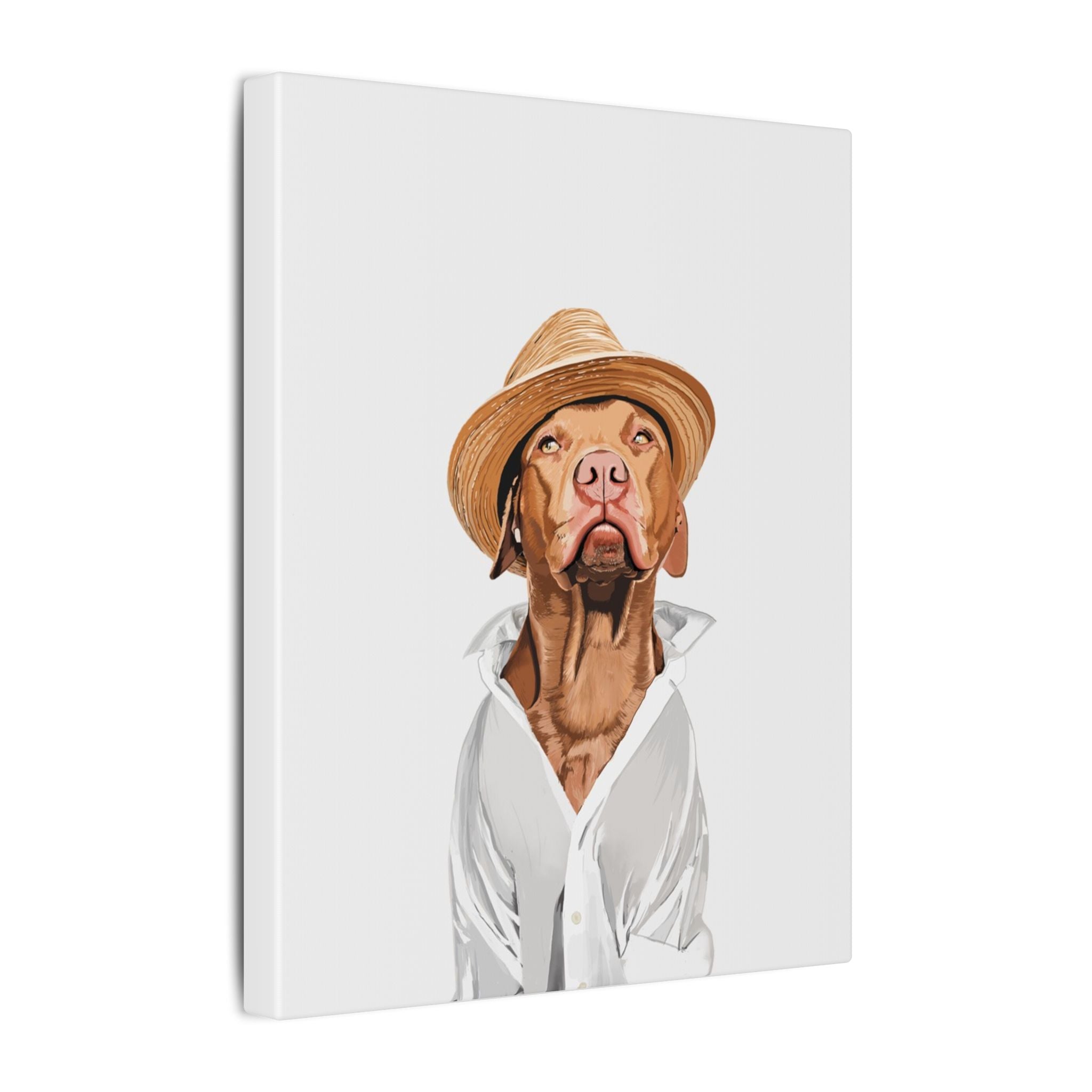 Canvas print of a dog wearing a hat and white shirt.