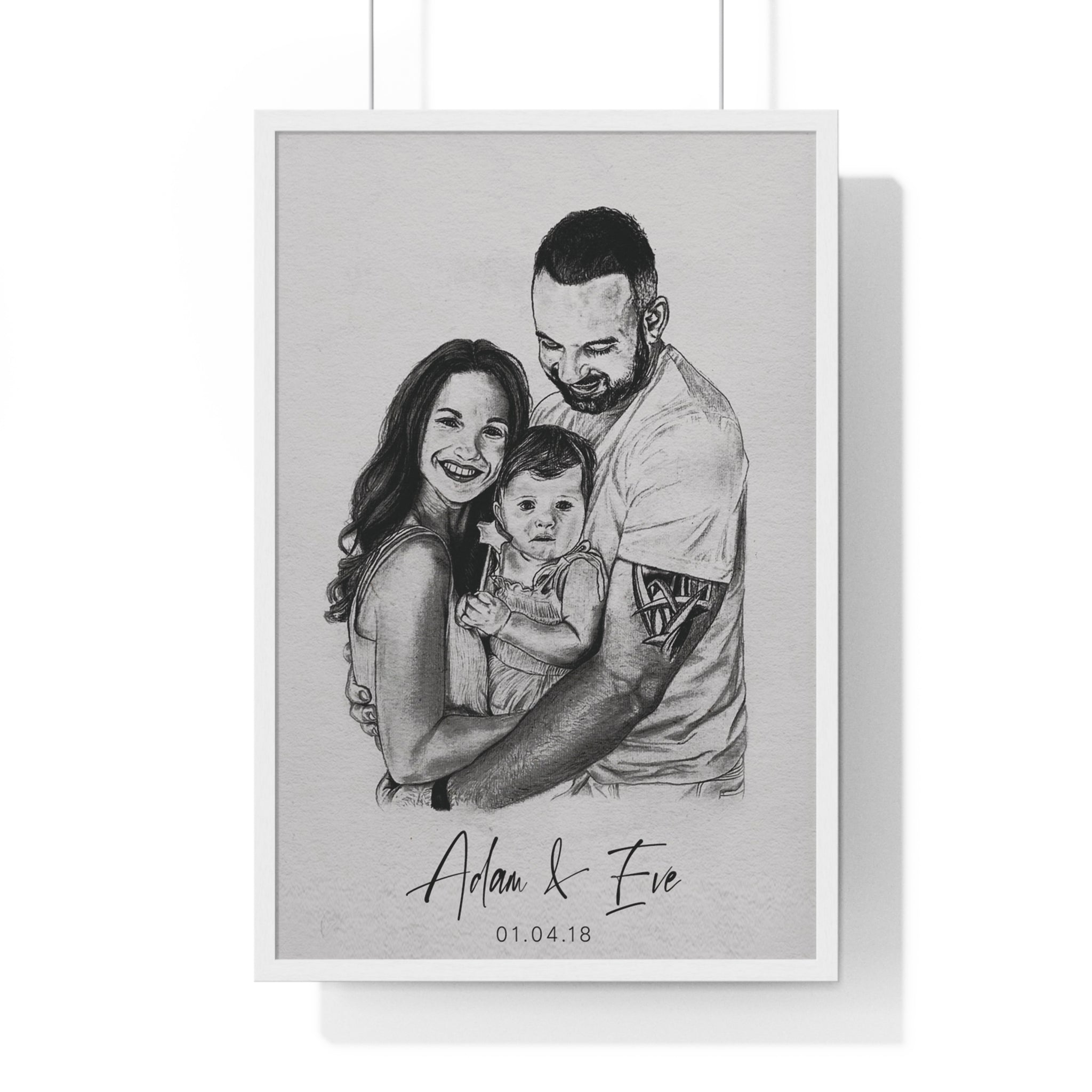 black and white illustration of a family on white frame.