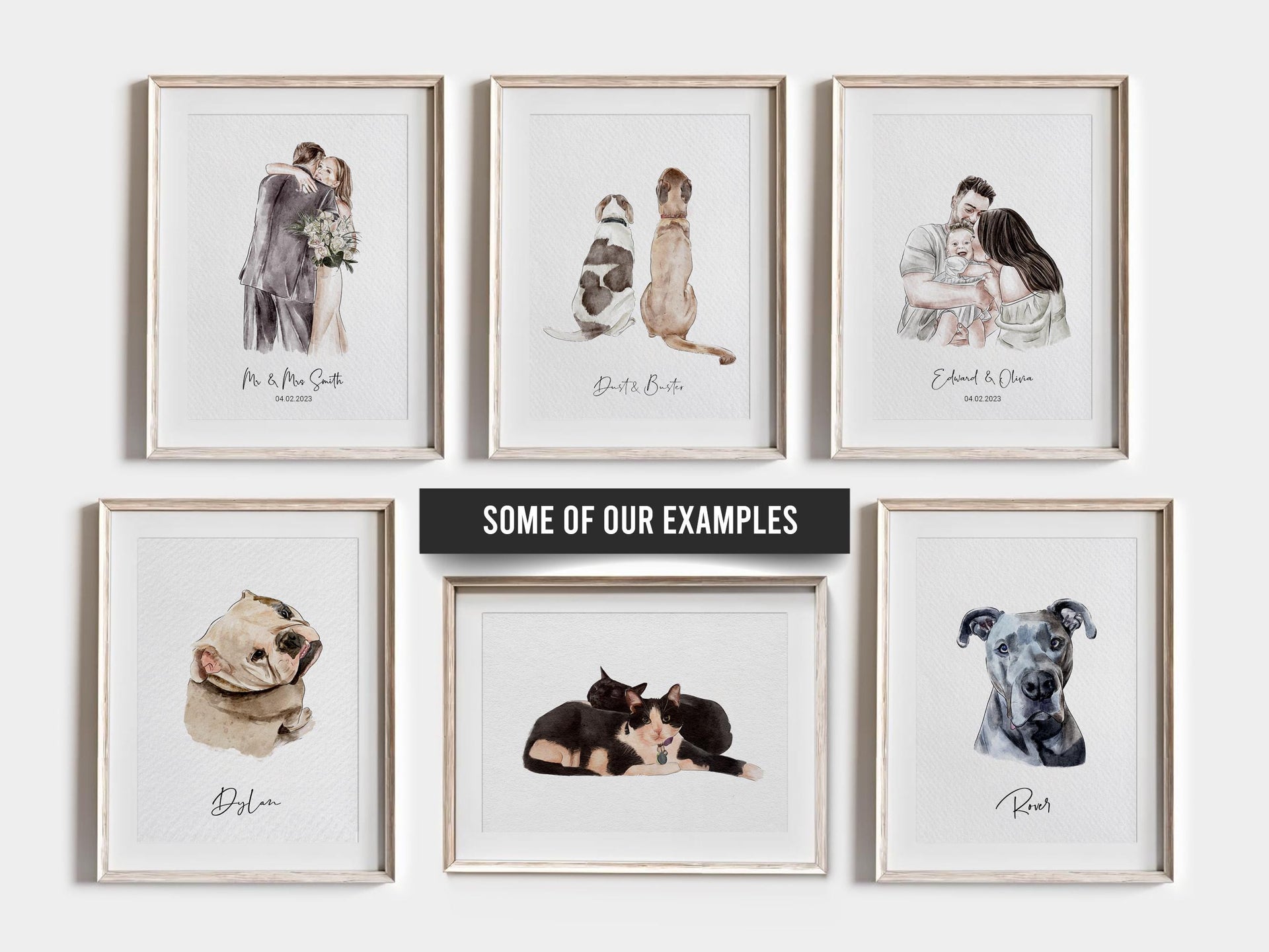 Heartwarming couple-and-pet portrait, drawn with care.