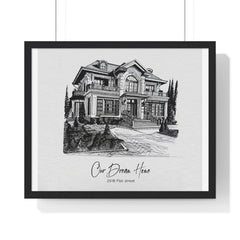 Framed black and white illustration of a venue.