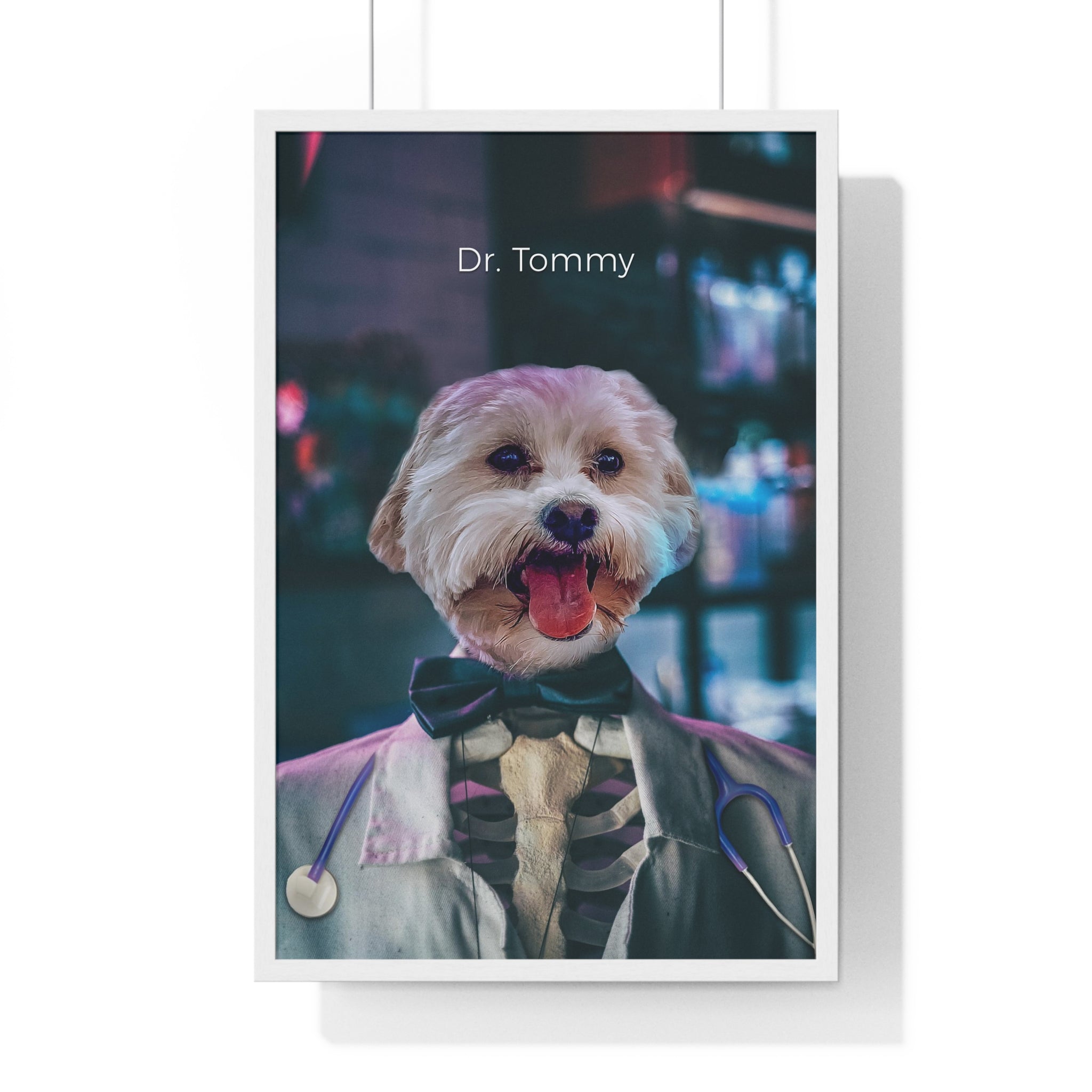 Dog in a doctor's outfit with 'Dr. Tommy' text on a White Framed.