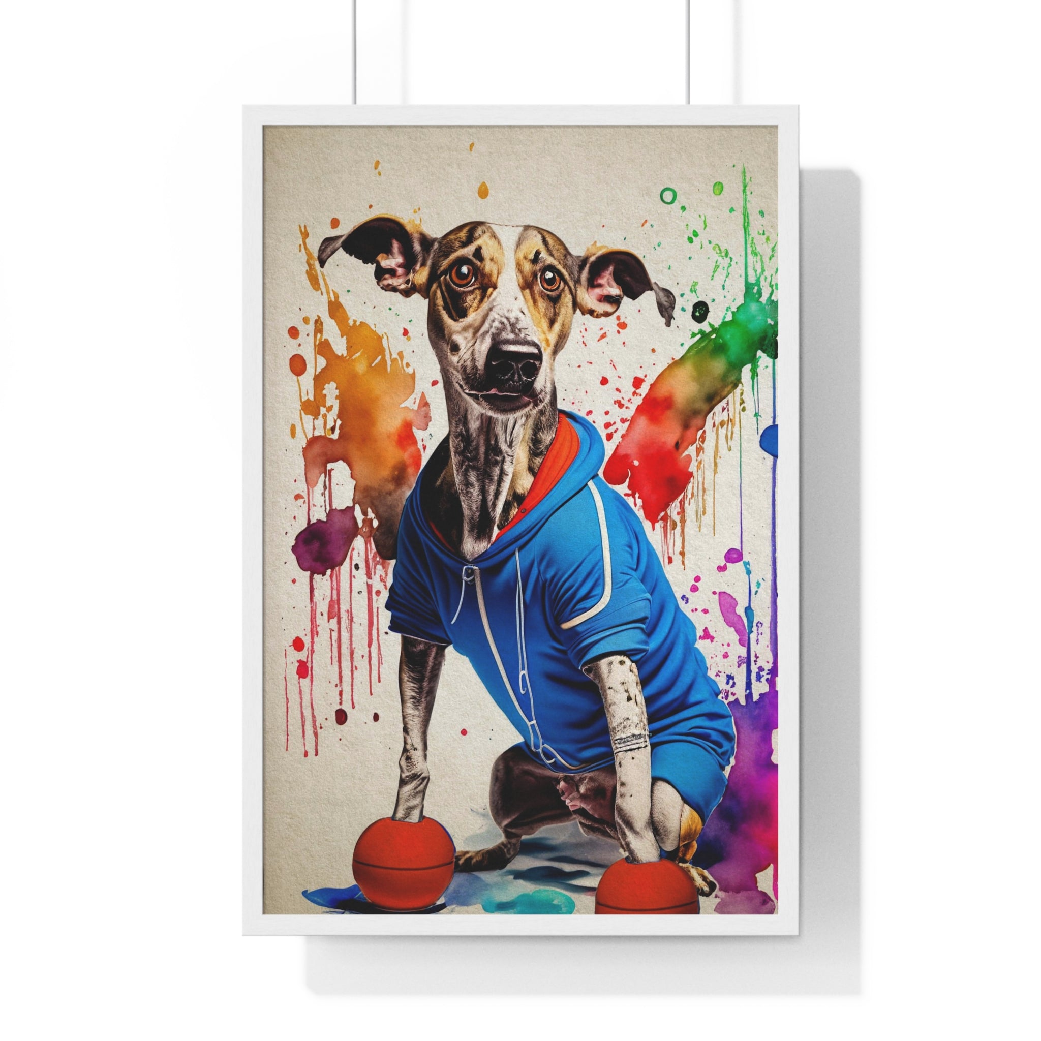 Colorful painting of a dog on white frame.