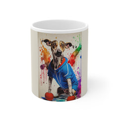 Gym dog portrait on mug.