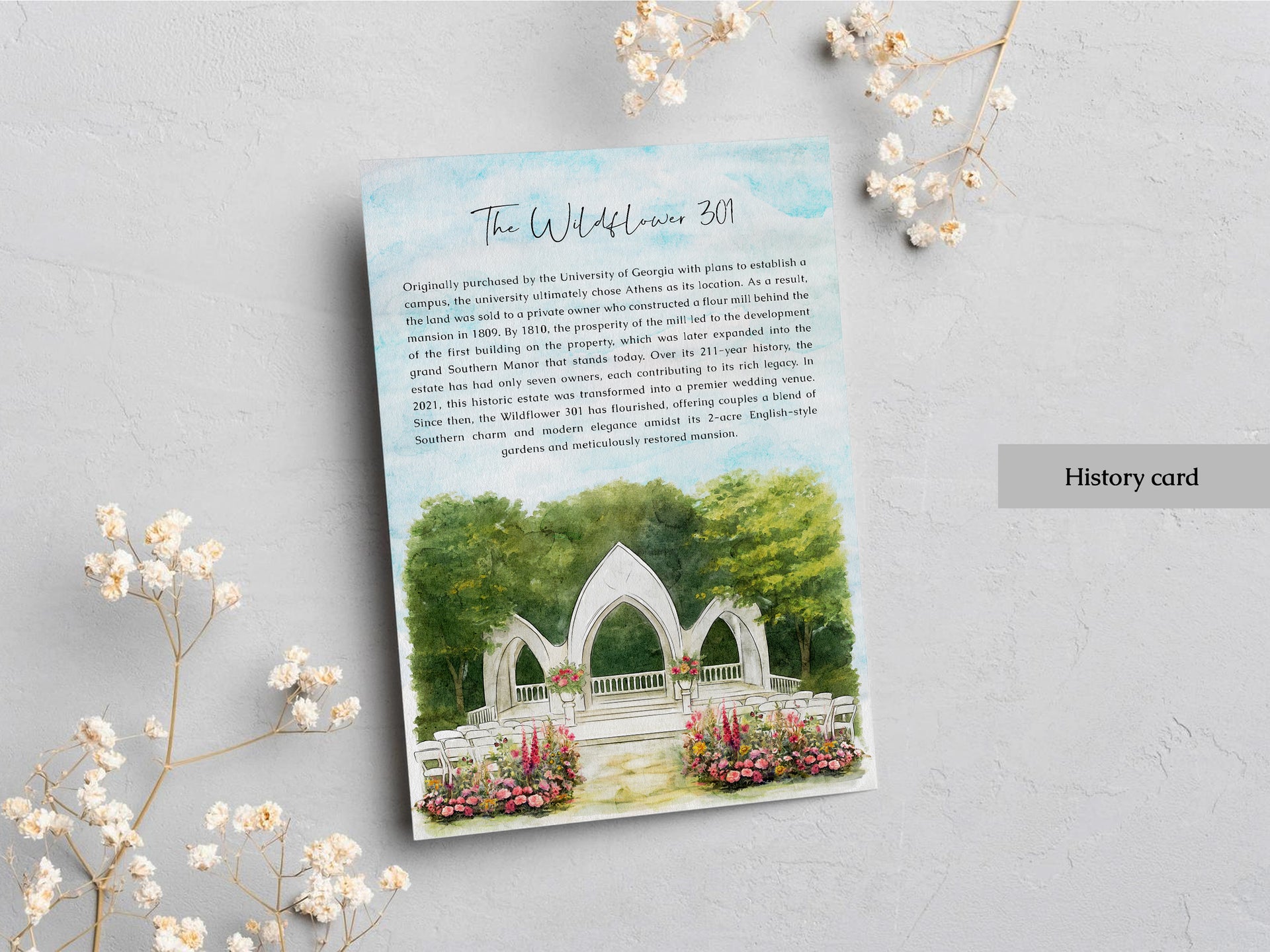 Greeting card with an illustration of a wedding.