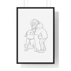 Framed line art of a kid and a dog.