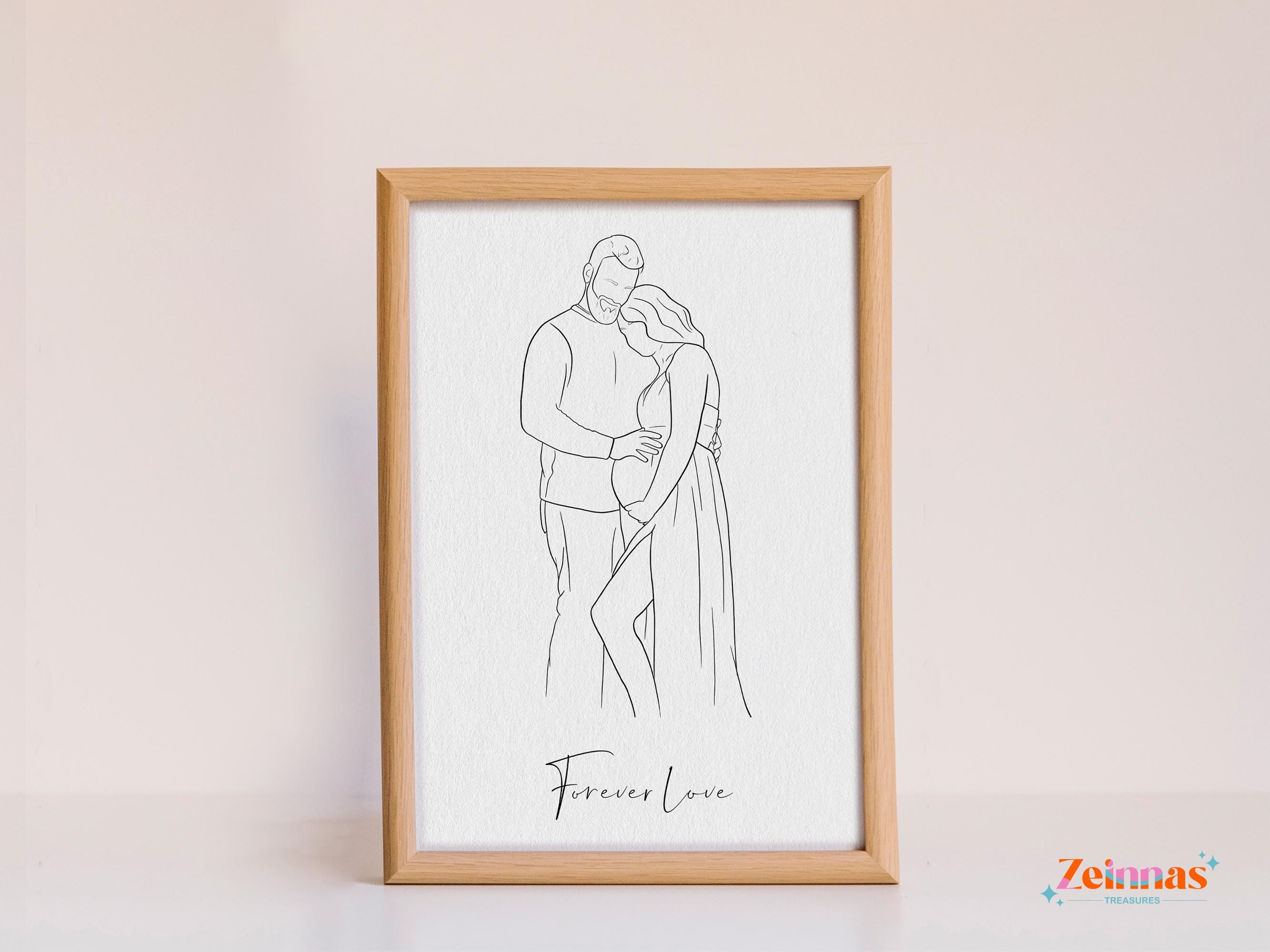 Tender line art of a pregnant woman and partner, hands touching her baby bump.