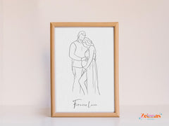 Tender line art of a pregnant woman and partner, hands touching her baby bump.