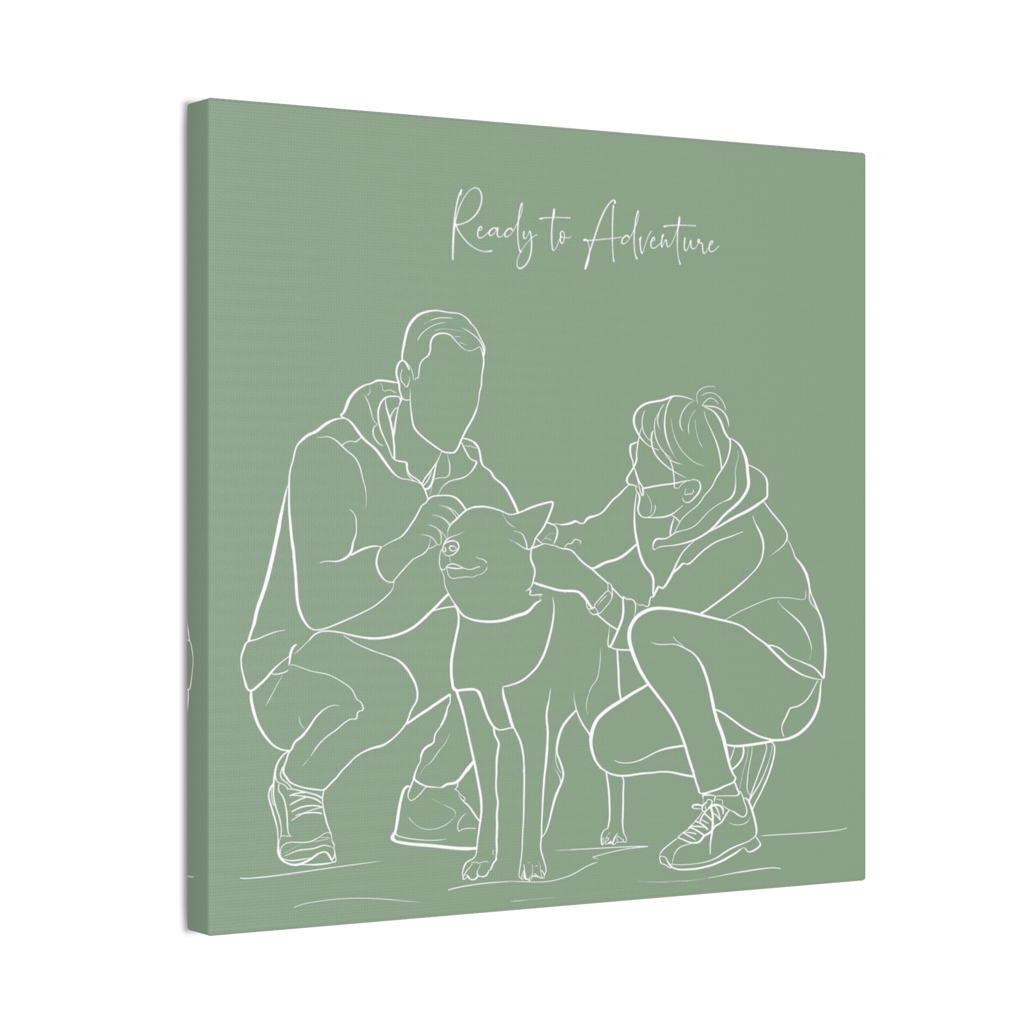 Canvas print with a line drawing of a family and dog.
