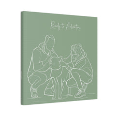 Canvas print with a line drawing of a family and dog.