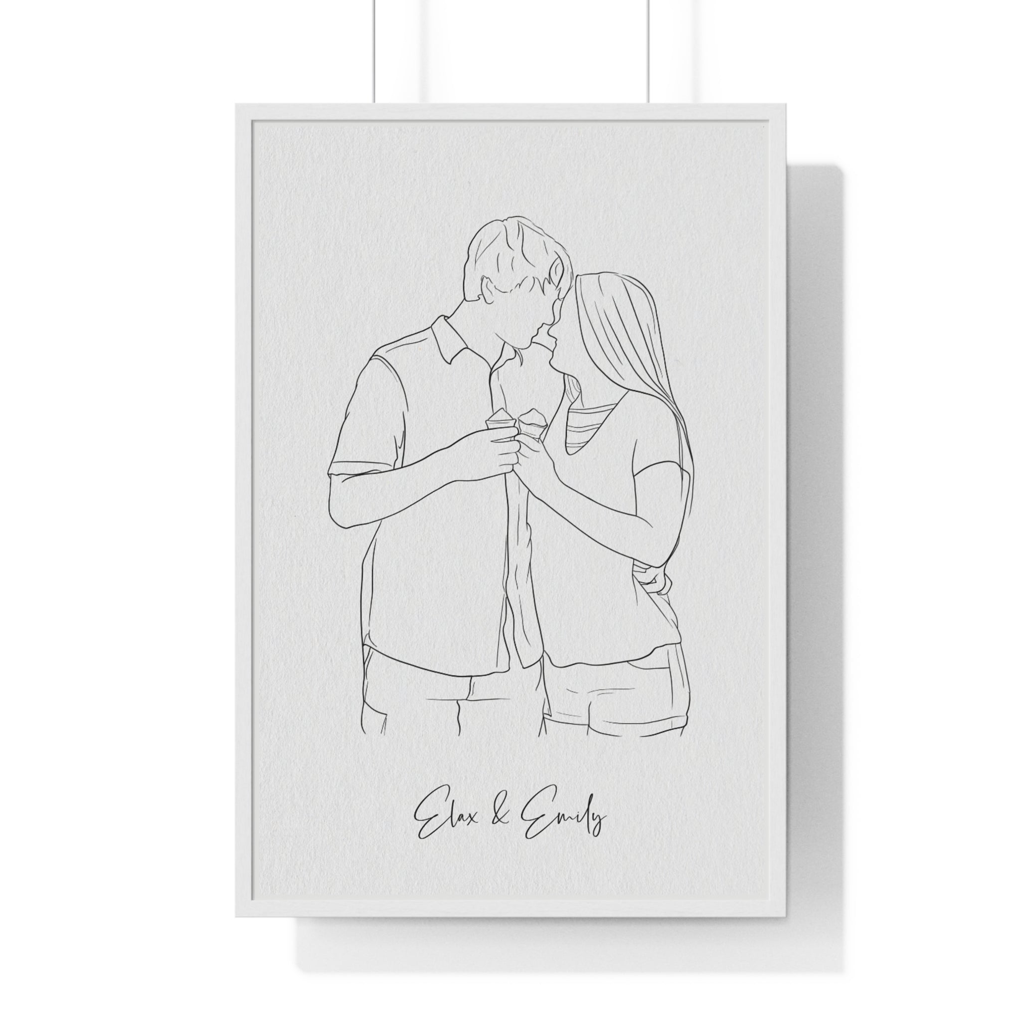 Line drawing of a couple embracing on a white framed