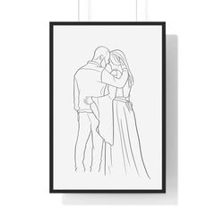 Framed line art of a couple embracing on a black Frame.