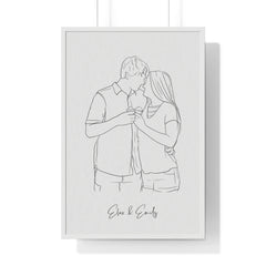 Line drawing of a couple embracing on a white framed