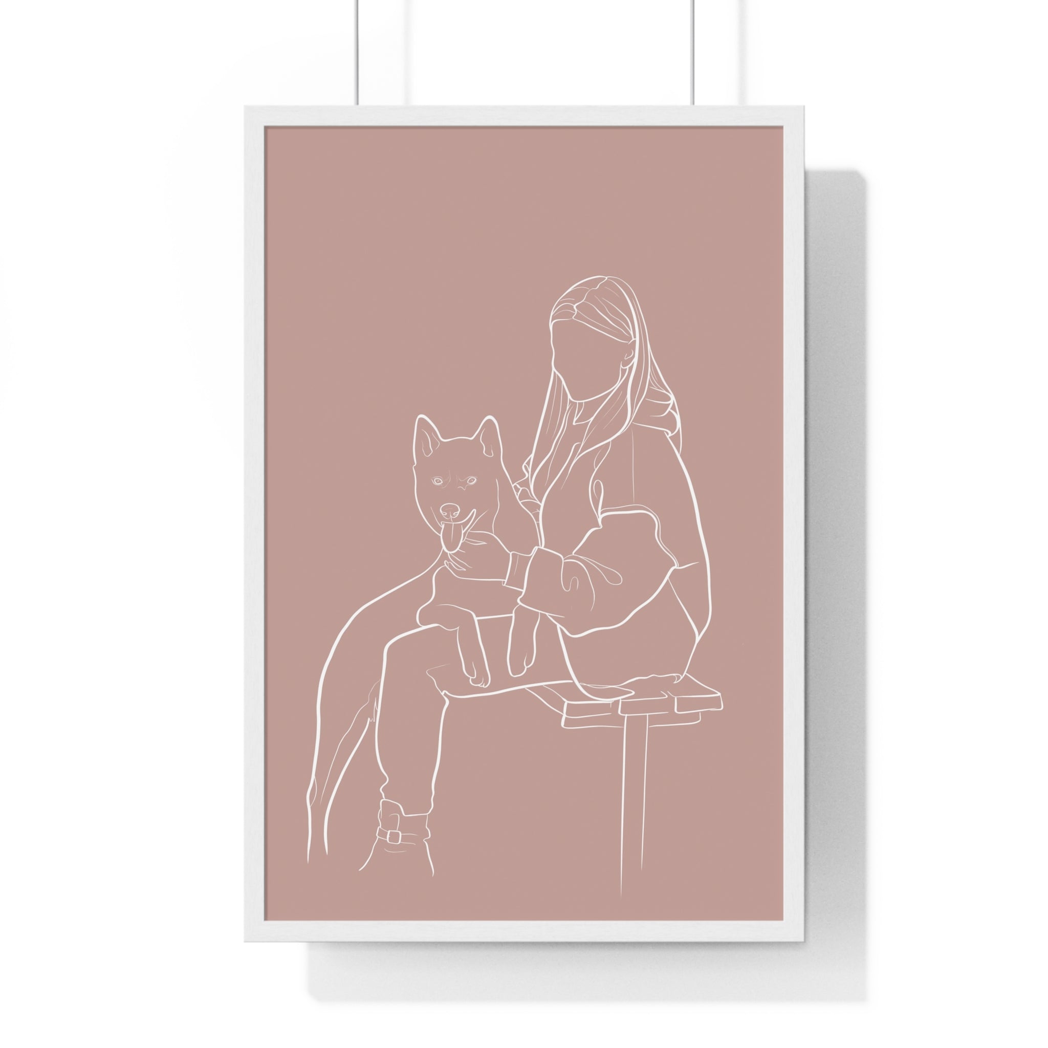 Minimalist line art of a person and a dog on a pink background