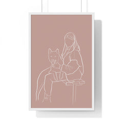 Minimalist line art of a person and a dog on a pink background
