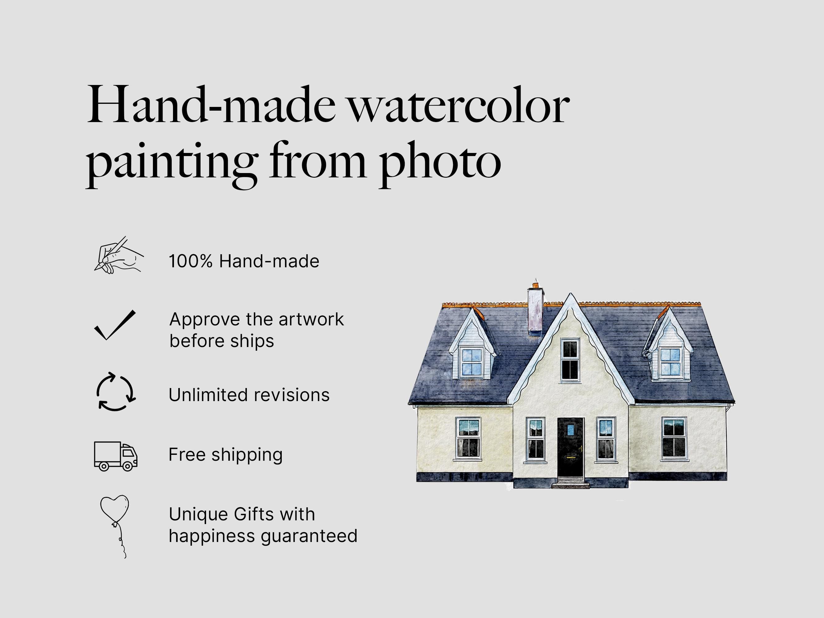 Handmade watercolor painting of a house with promotional text.