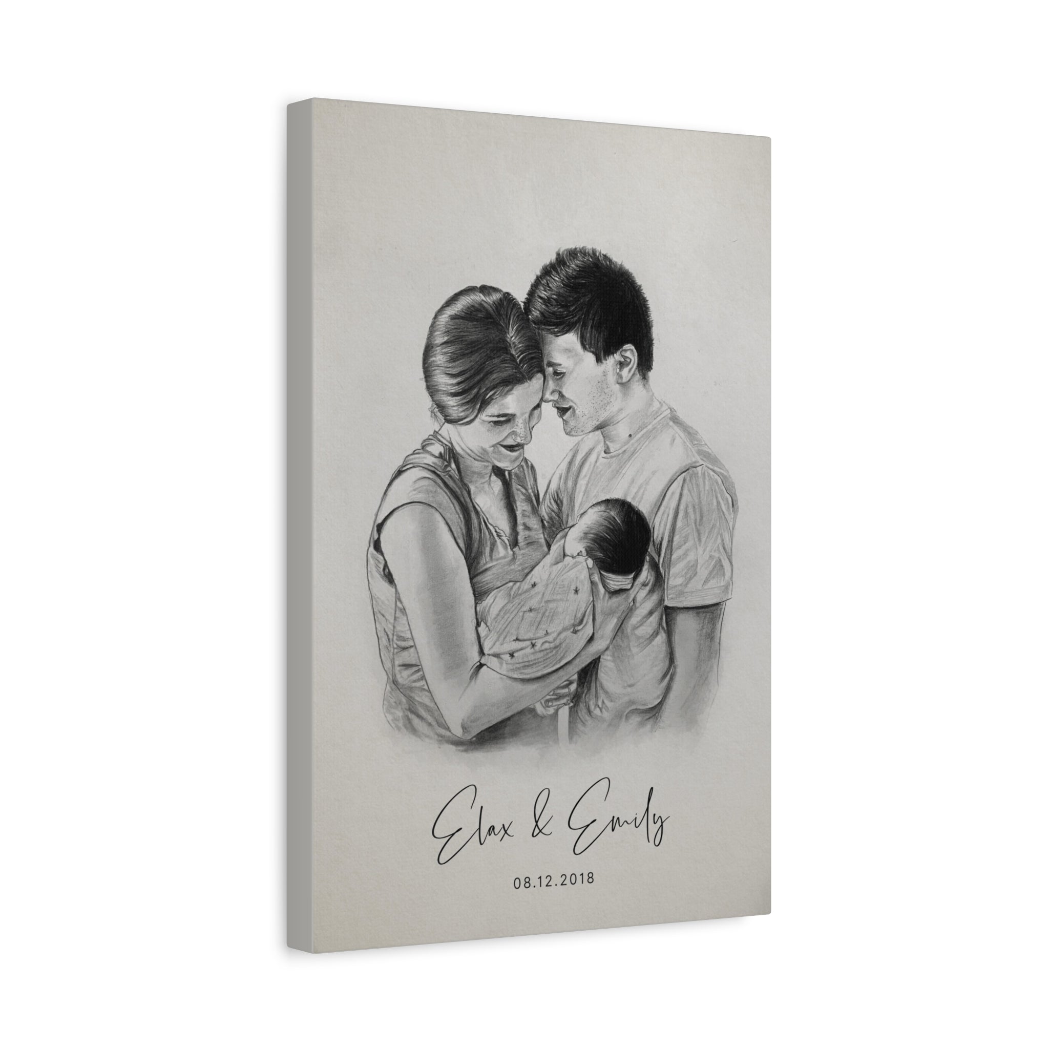 Canvas print with a black and white illustration of a family holding a baby, signed 'Elza & Emily' with a date.