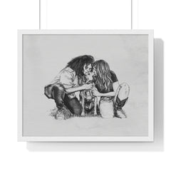 Framed black and white drawing of a couple.