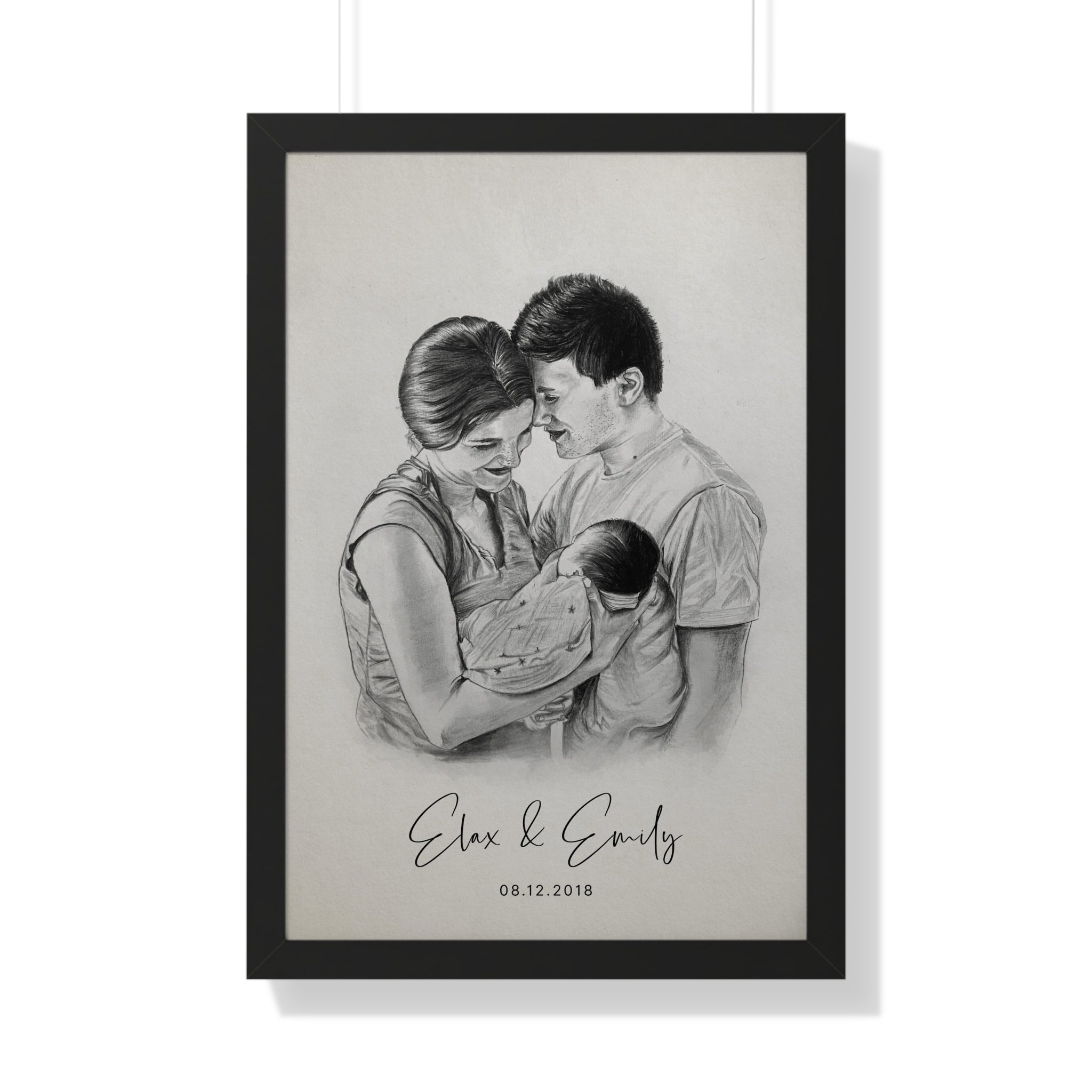 Pointer couple holding a baby with personalized tex.