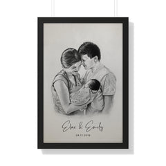 Pointer couple holding a baby with personalized tex.