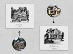 Illustrations of houses on a gray background with circular insets showing real-life examples.