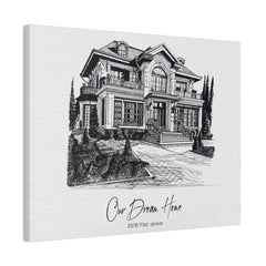 Canvas print with a black and white illustration of a house and the text 'Our Dream Home'.