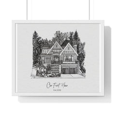 Framed black and white illustration of a house.