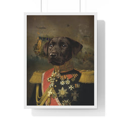 Royal dog in military attire on a White Framed.