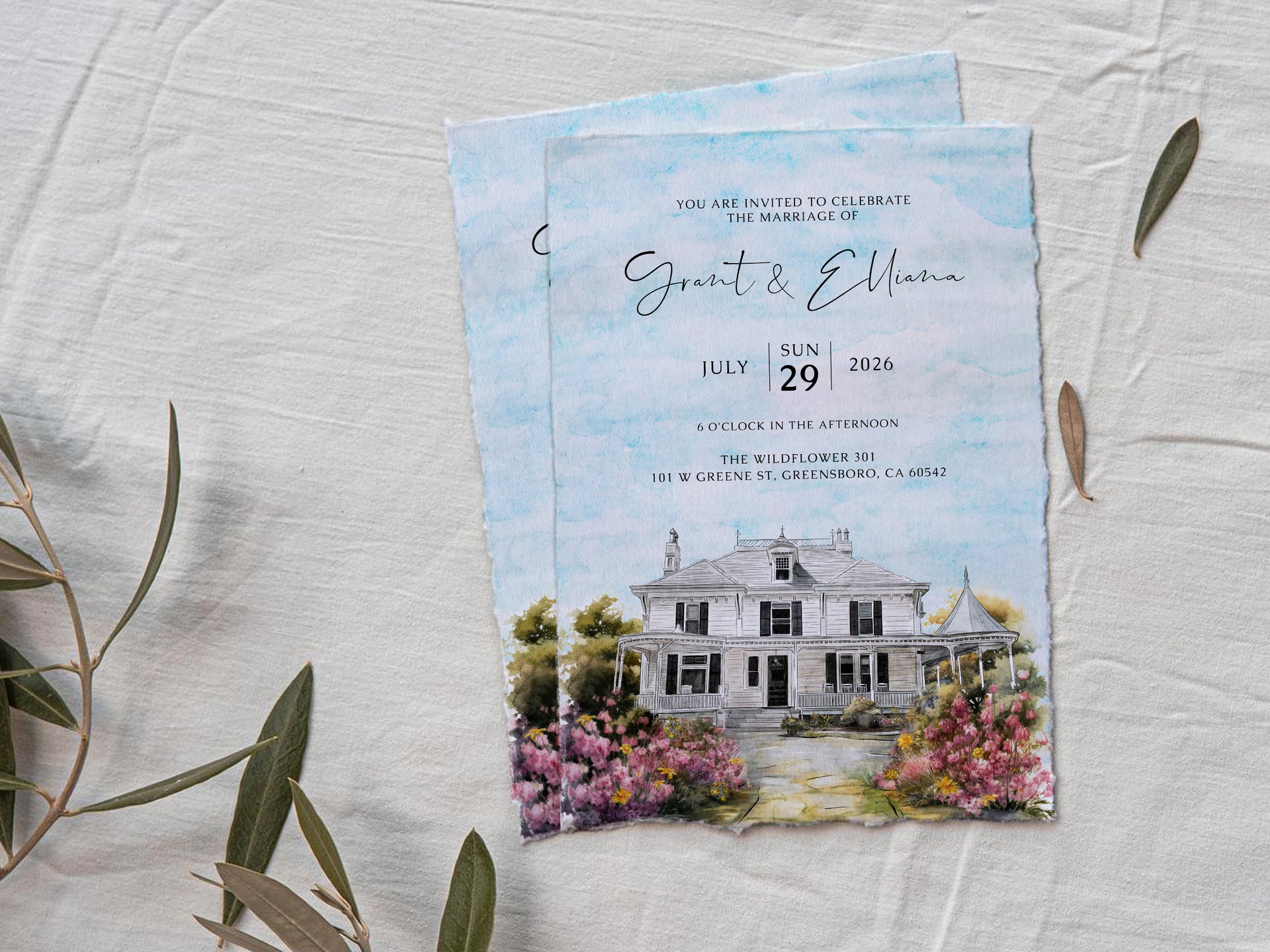 Wedding invitation with a house illustration.