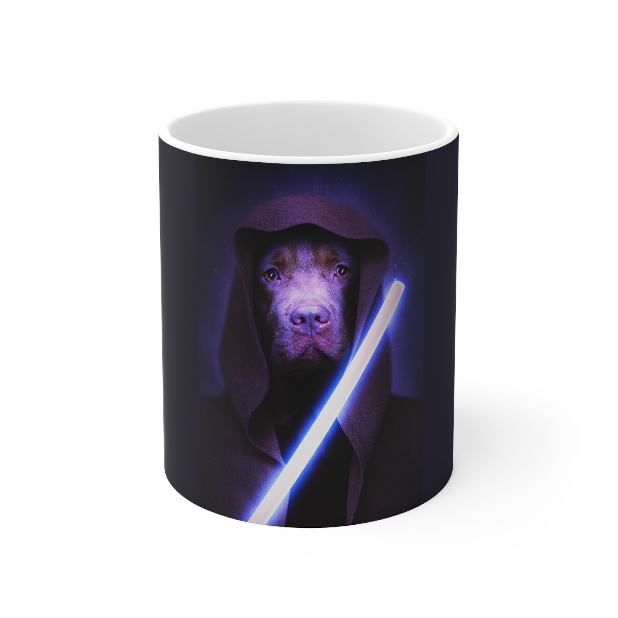 Mug with a Starwar dog wearing a hood and holding a light saber.