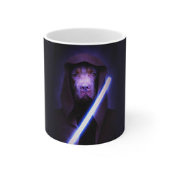 Mug with a Starwar dog wearing a hood and holding a light saber.