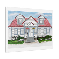 Painting of a white house with a red roof.