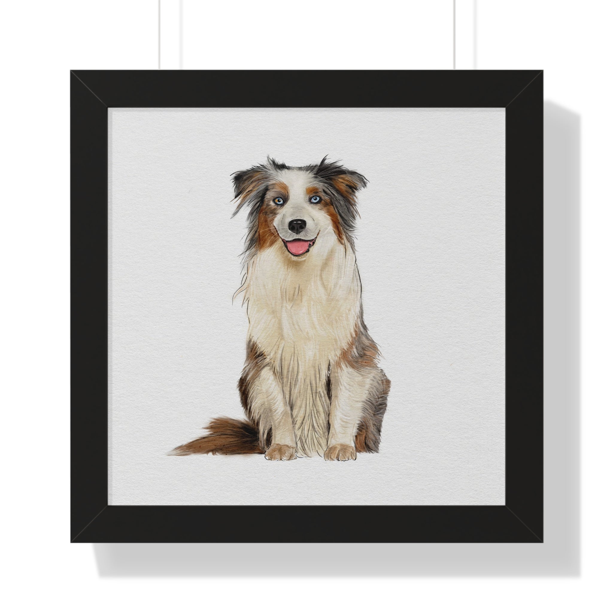 Framed artwork of a dog on a black frame.