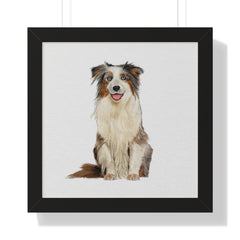 Framed artwork of a dog on a black frame.