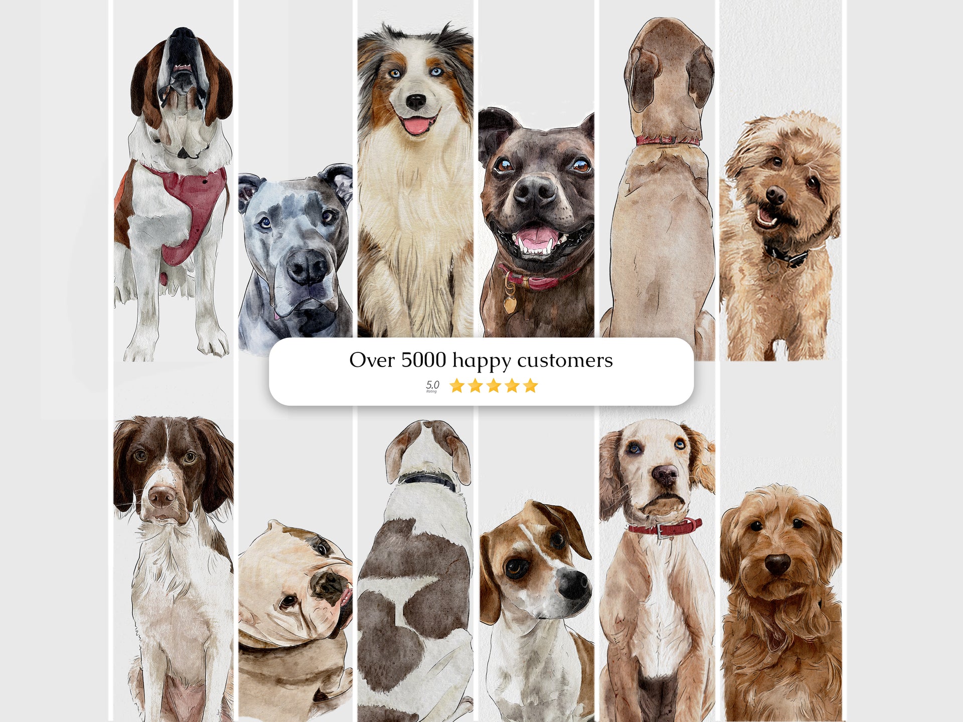 Collage of dogs with a rating system and text 'Over happy customers.