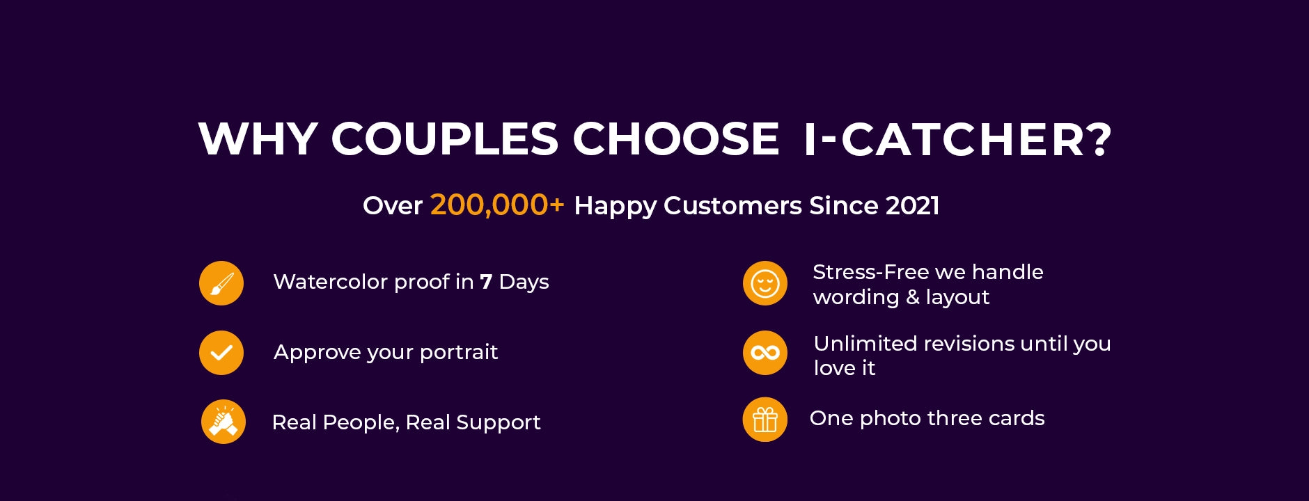 Promotional graphic on a dark purple background with white text reading 'WHY COUPLES CHOOSE I-CATCHER?' and bullet points listing benefits such as watercolor proof in 7 Days, approve your portrait, real people real support, stress-free handling, unlimited revisions, and one photo three cards.