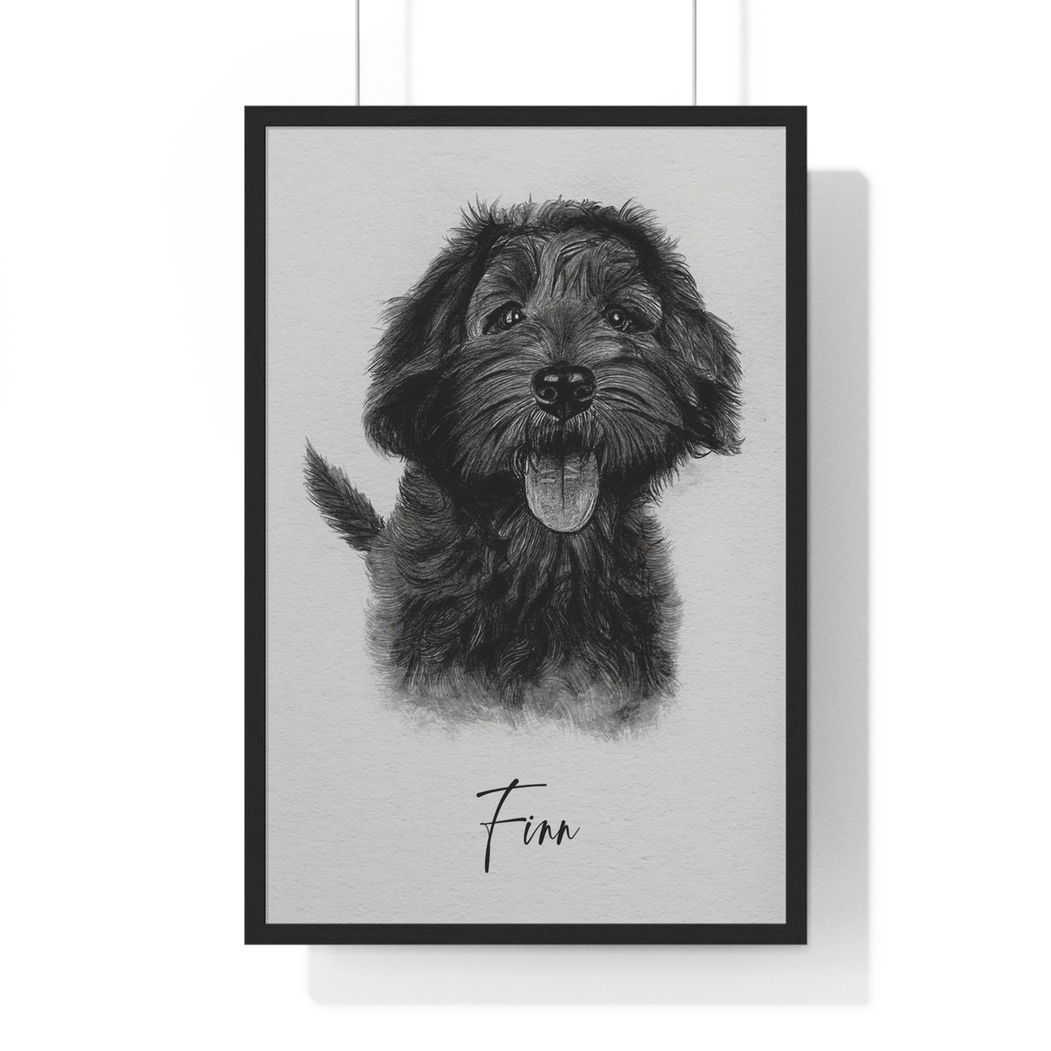 Framed black and white portrait of a dog .