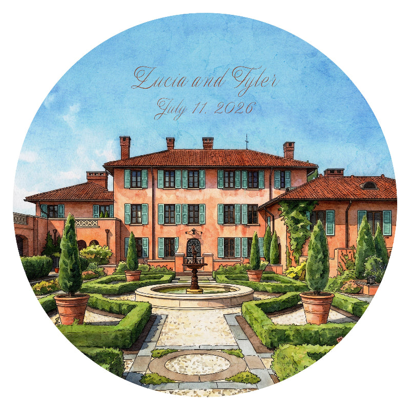 A circular watercolor-style illustration.
