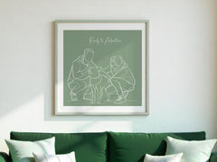 Hand-drawn custom family with pet portrait in line art.