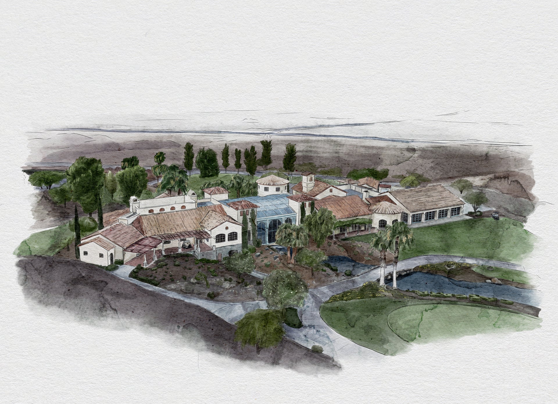 Illustration of a large estate with multiple buildings and landscaping